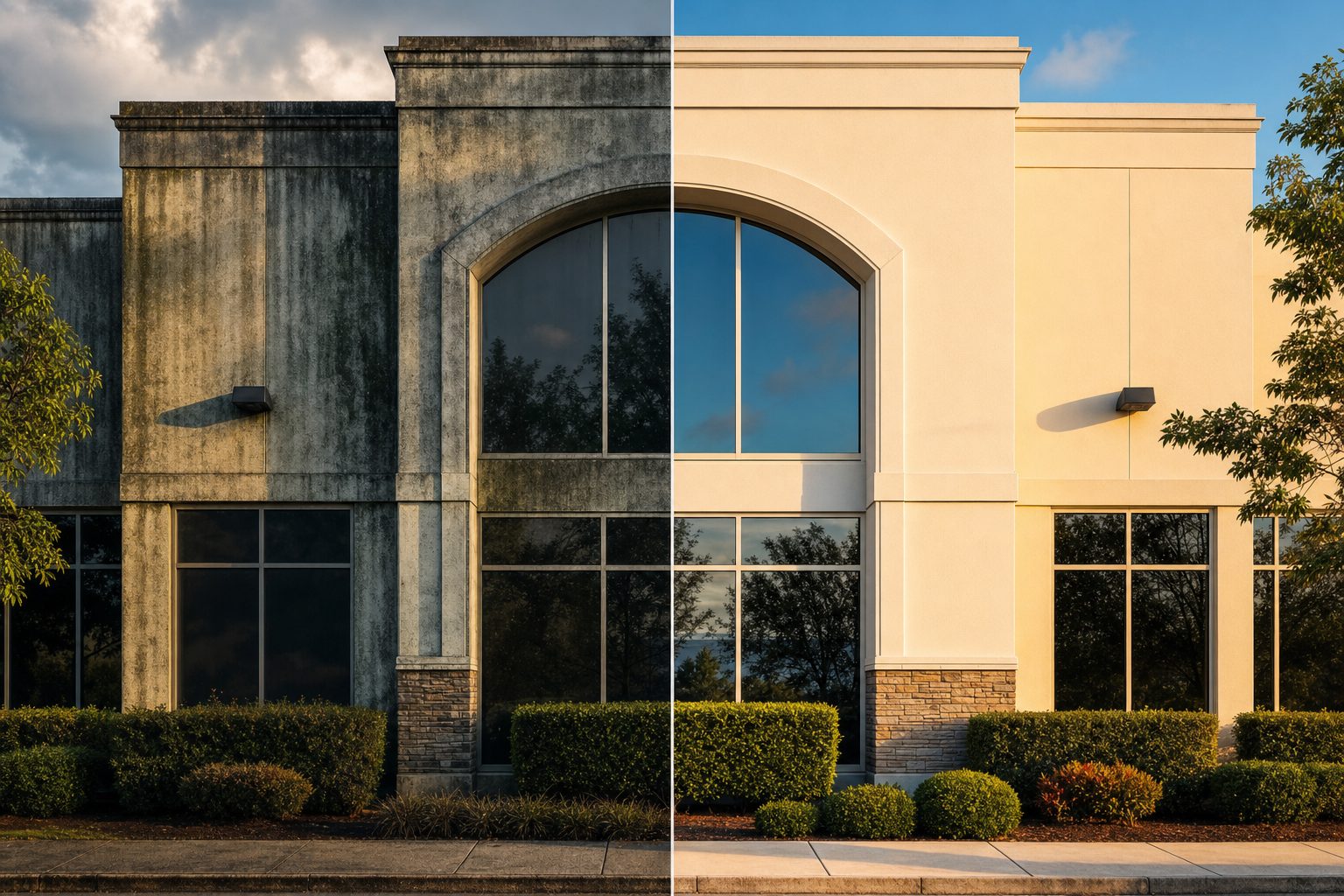 Side-by-side before and after pressure washing transformation of a commercial building facade.