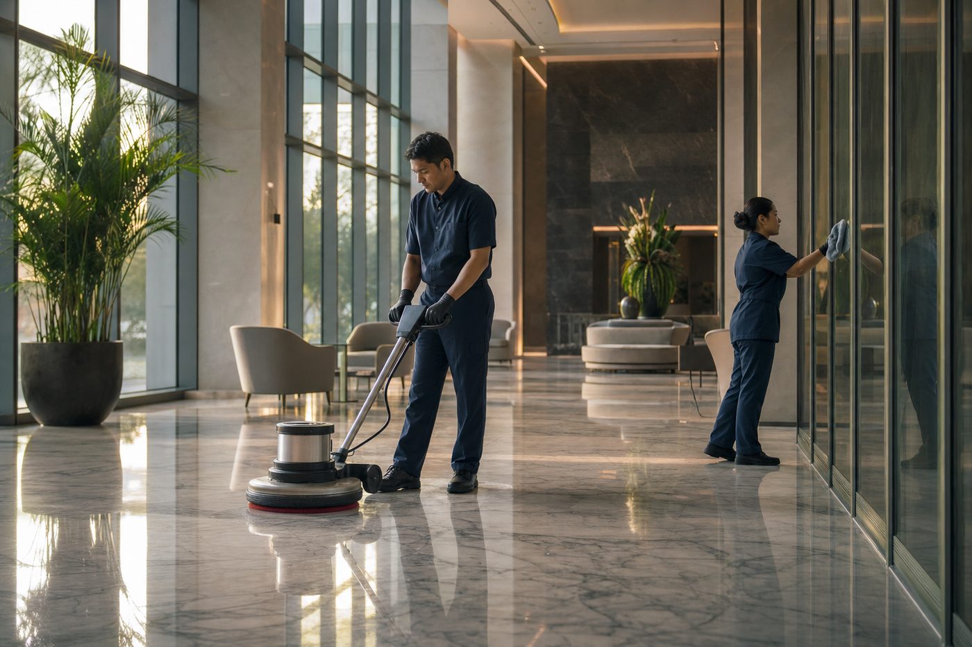 Silva Building Specialists janitorial technicians servicing a premium corporate lobby with polished marble floors.
